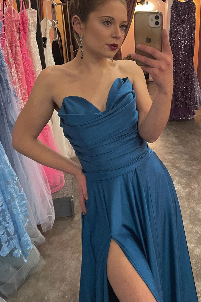 Ink Blue Strapless Satin A-line Pleated Long Prom Dress with Slit