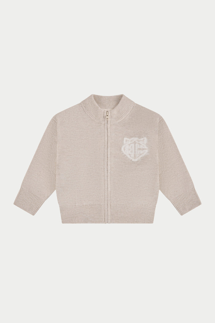 JUNIOR MONOGRAM FLUFFY KNIT ZIP THROUGH - BEIGE