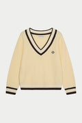 KNIT CONTRAST STRIPE V NECK CRICKET JUMPER - BUTTERMILK