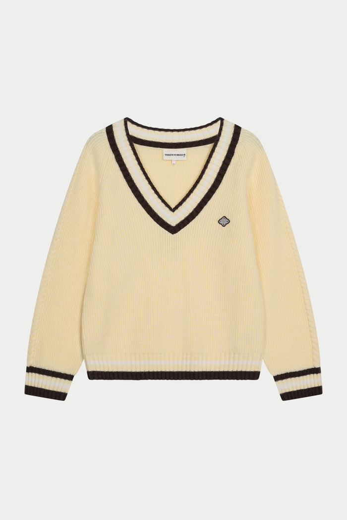 KNIT CONTRAST STRIPE V NECK CRICKET JUMPER - BUTTERMILK