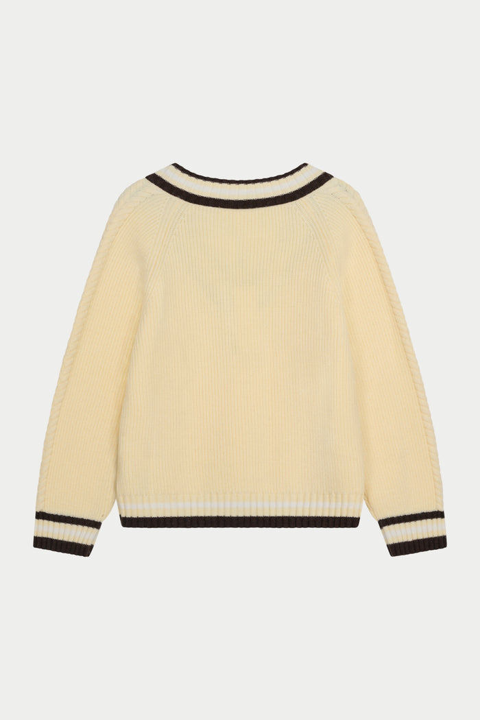 KNIT CONTRAST STRIPE V NECK CRICKET JUMPER - BUTTERMILK