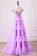 Lavender Off-Shoulder Floral Layers A-line Long Prom Dress