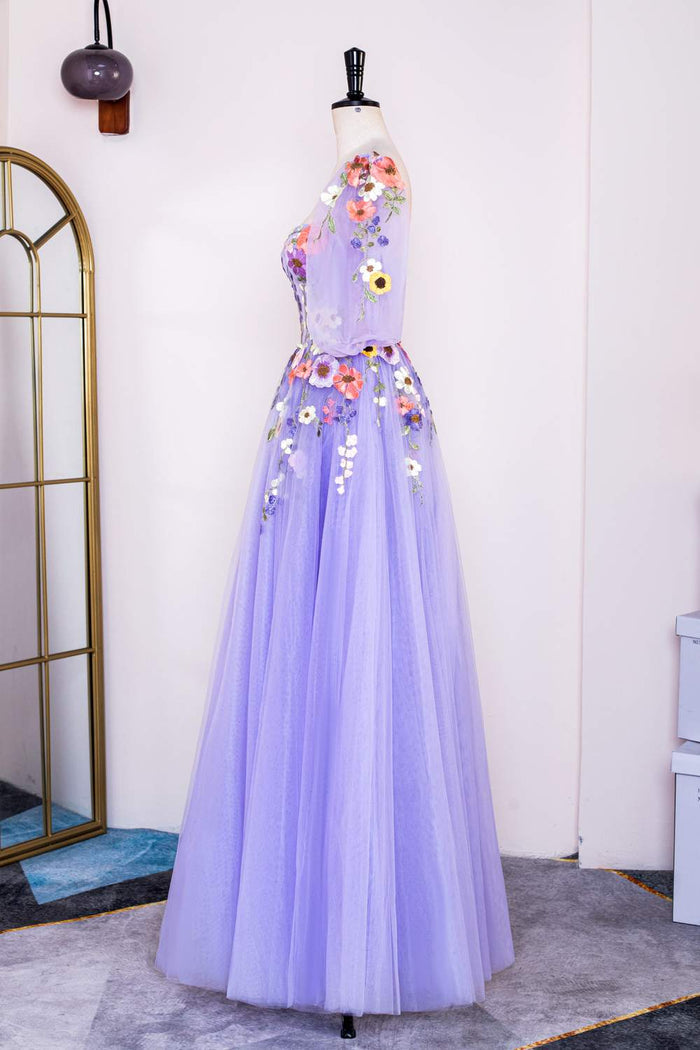 Lavender Puff Sleeves Floral Appliques A-line Long Prom Dress