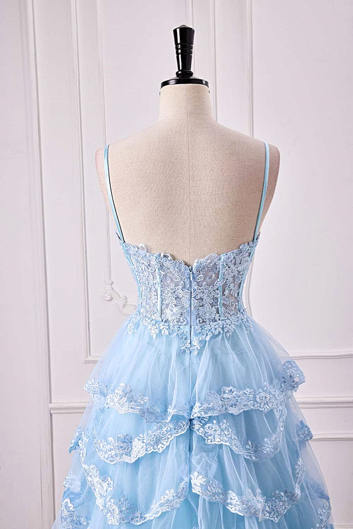 Light Blue Spaghetti Straps Floral Layers A-line Long Prom Dress with Slit