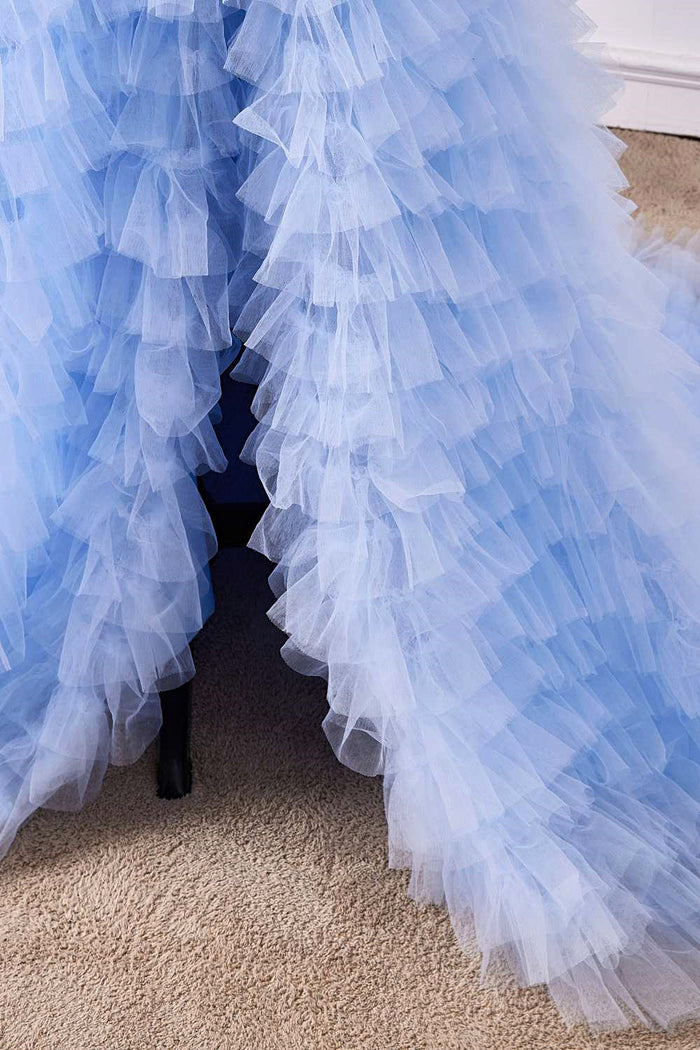 Light Blue Strapless Floral Layers A-line Long Prom Dress with Slit