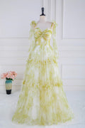 Light Yellow Floral Bow Tie Straps Ruffled A-line Long Prom Dress