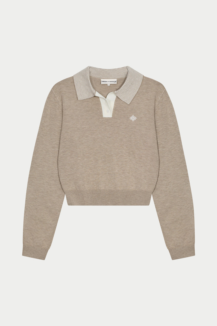 LONG SLEEVE KNITTED COLLAR POLO TOP - BEIGE