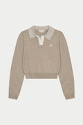 LONG SLEEVE KNITTED COLLAR POLO TOP - BEIGE