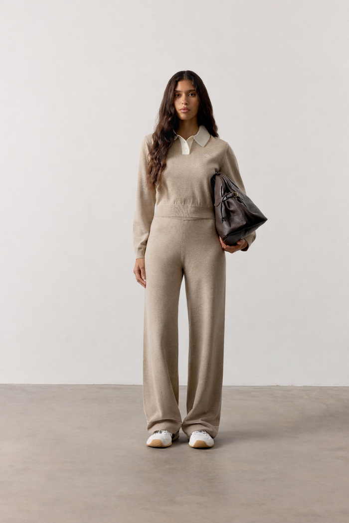 LONG SLEEVE KNITTED COLLAR POLO TOP - BEIGE