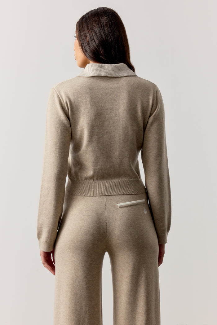LONG SLEEVE KNITTED COLLAR POLO TOP - BEIGE