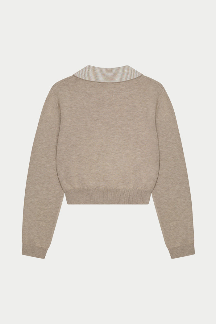LONG SLEEVE KNITTED COLLAR POLO TOP - BEIGE