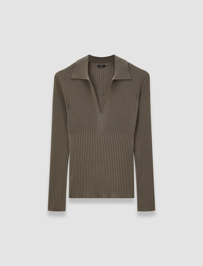 Brown Merino Rib Knit Polo Top - Joseph