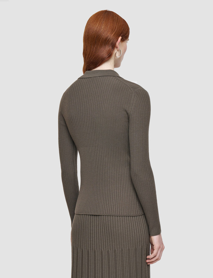 Brown Merino Rib Knit Polo Top - Joseph