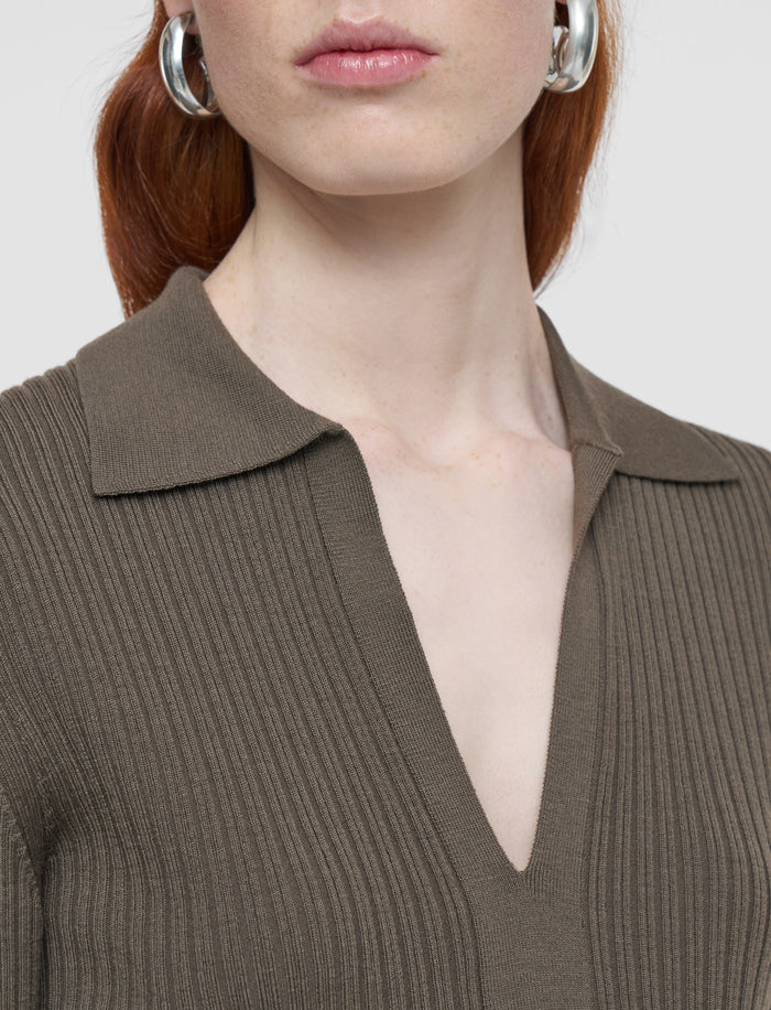 Brown Merino Rib Knit Polo Top - Joseph