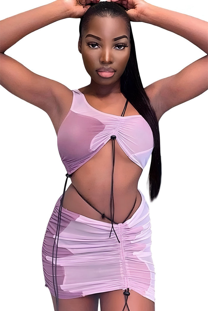 Misinformed - Matching Two Piece Ruched Mesh Mini Skirt Set