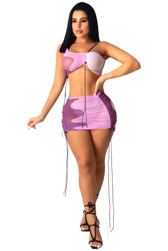Misinformed - Matching Two Piece Ruched Mesh Mini Skirt Set