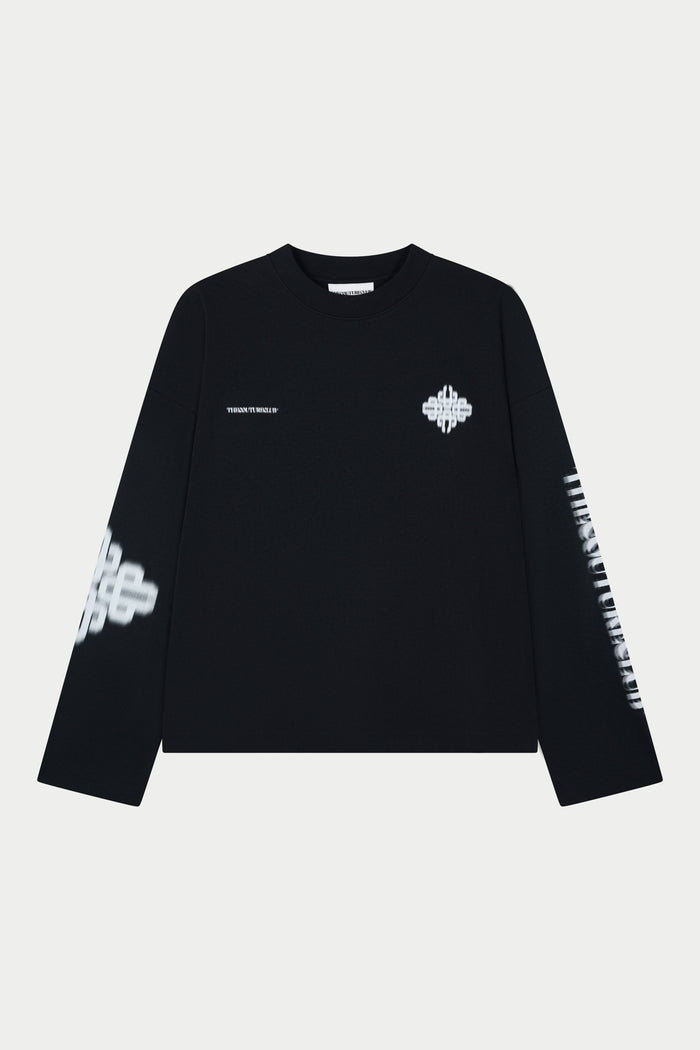 Black long-sleeve t-shirt with white text and logos on a light grey background