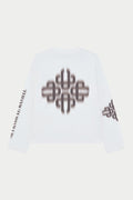 White shirt with brown geometric pattern on a white background