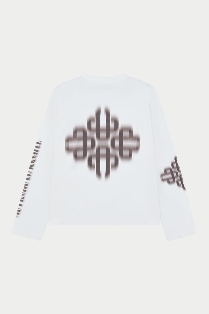 White shirt with brown geometric pattern on a white background