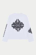 White long sleeved t-shirt with black geometric patterns on a light grey background