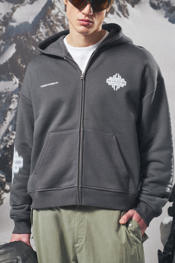 MOTION BLURRED ZIP THROUGH HOODIE - CHARCOAL