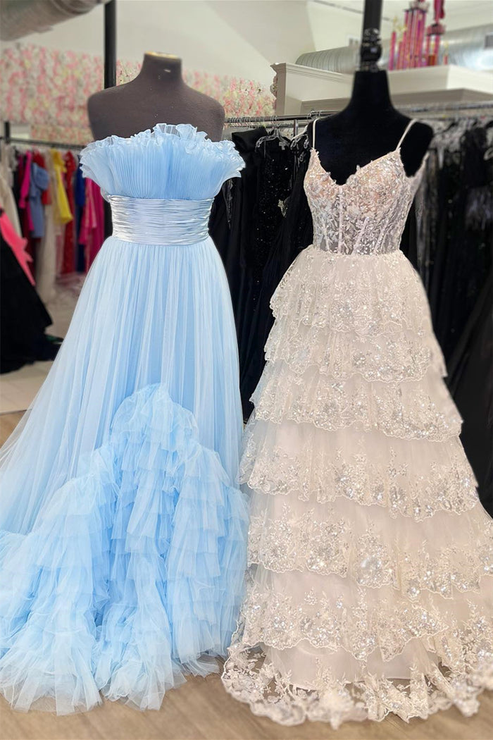 Light Pink Floral Multi-Layers Sequined Straps Long Prom Dress
