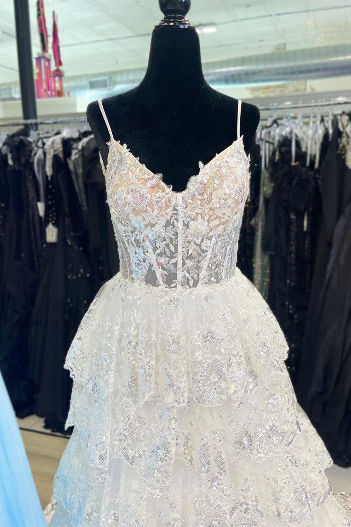 White Floral Multi-Layers Sequined Straps Long Prom Dress