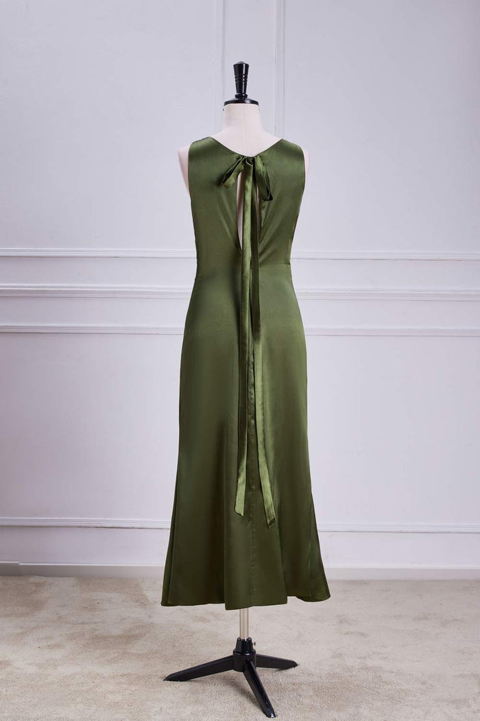 Olive Sleeveless Bow Tie Straps Mermaid Calf-Length Bridesmaid Dress