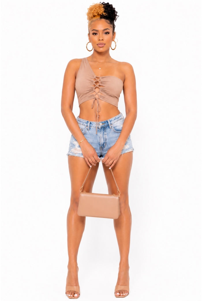 Ophelia - Asymmetric Stretch Single Strap Front Lace Crop Top