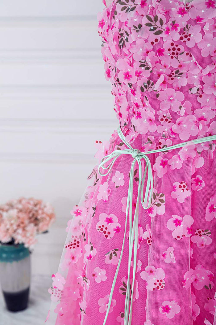 Pink 3D Floral Appliques A-line Long Prom Dress with Sash