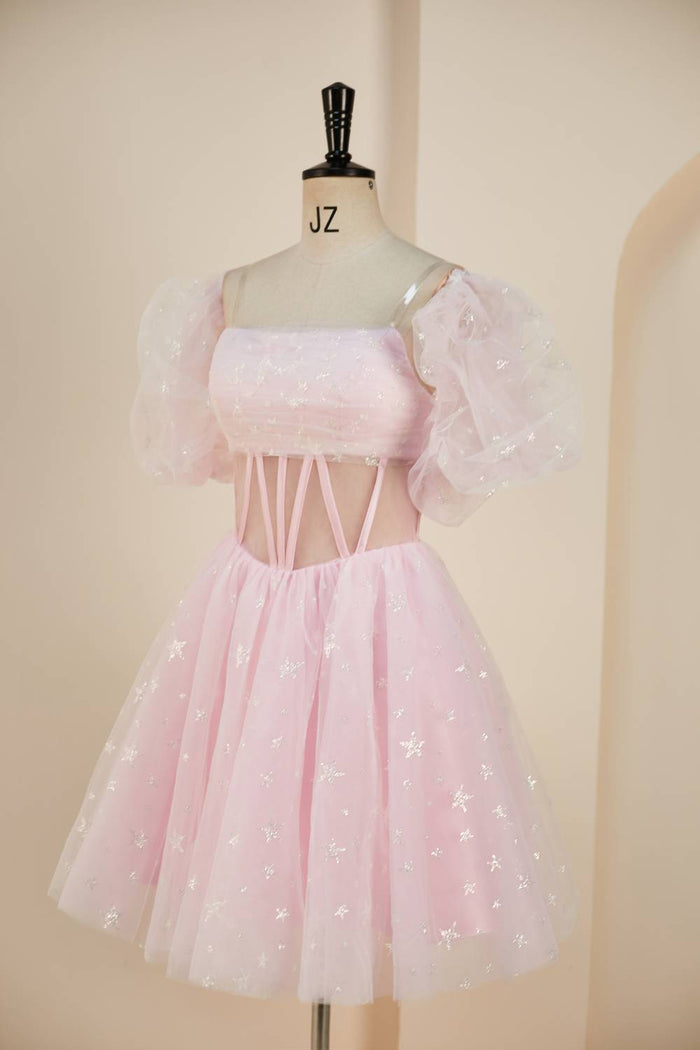 Pink A-line Strapless Homecoming Dress with Detachable Sleeves