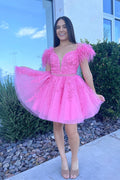 Pink Plunging Off-the-Shoulder Appliques A-line Beaded Homecoming Dress