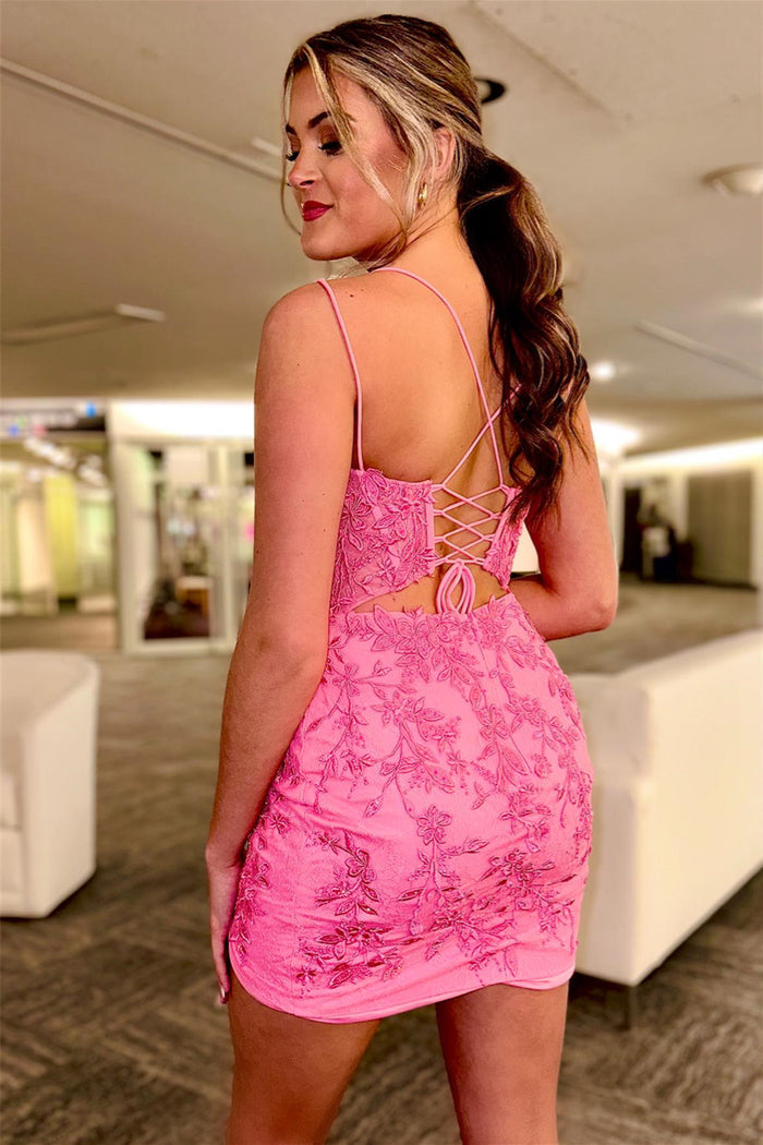 Pink Plunging V Neck Lace-Up Appliques Sheath Homecoming Dress