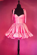 Pink Satin A-line Ruffle Bow Tie Homecoming Dresss
