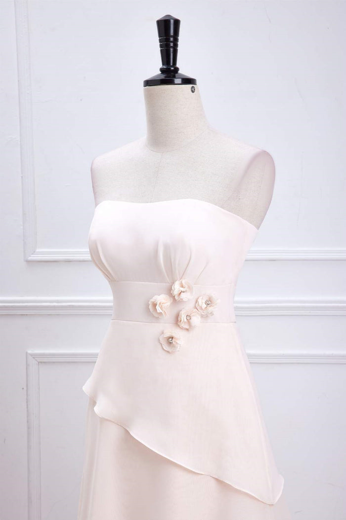 Pink Strapless 3D Flowers Layers A-line Long Bridesmaid Dress