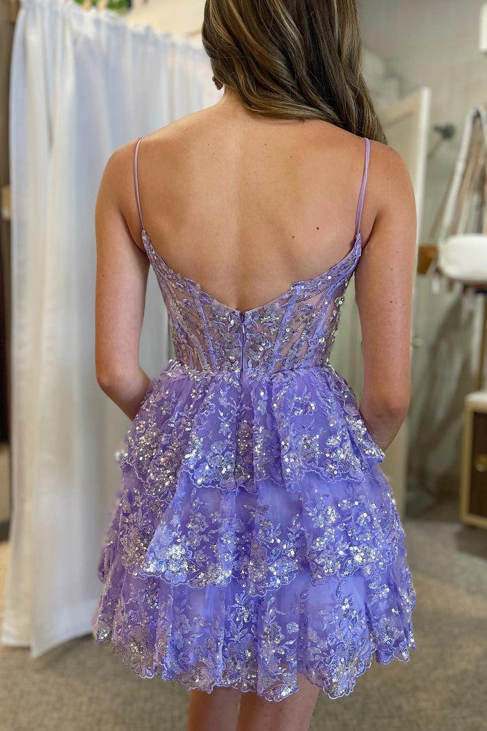 Pink Straps Sequined Multi-Layers Tulle Homecoming Dress