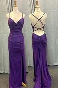Purple Cowl Neck Mermaid Satin Long Prom Dress with Slit