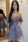 Purple Grey Off-the-Shoulder Appliques A-line Lace-Up Homecoming Dress