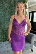 Grape Sheath Straps V Neck Sequined Appliques Homecoming Dress