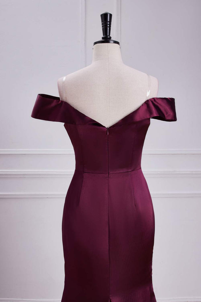 Raspberry Off-Shoulder Mermaid Satin Long Bridesmaid Dress