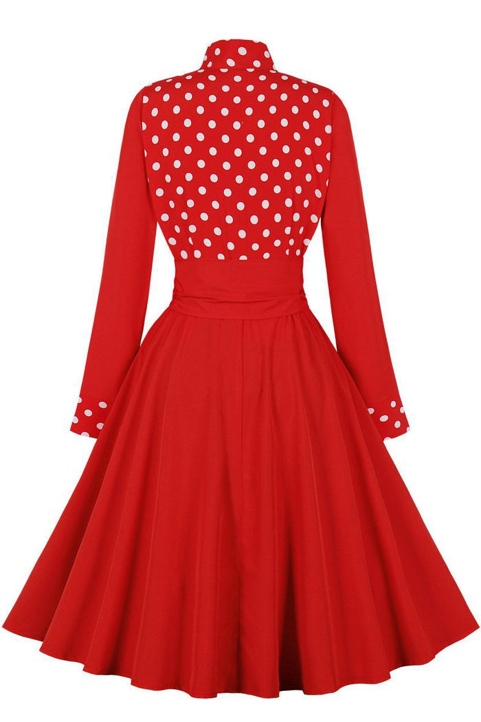 Red Dotted Top Long Sleeves A-line Bow Sash Vintage Dress