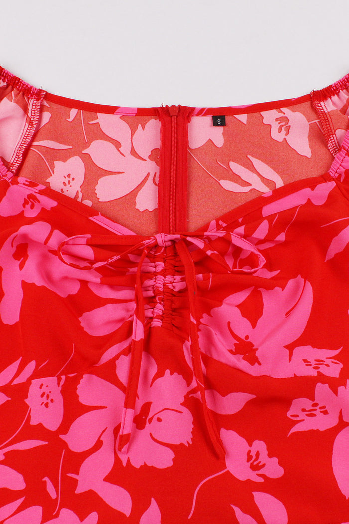 Red Floral A-line Elastic Straps Vintage Dress