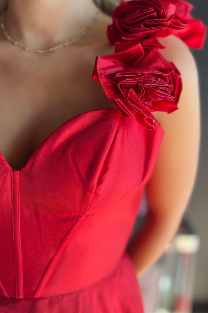 Red Floral Straps A-line Satin Long Prom Dress with Slit
