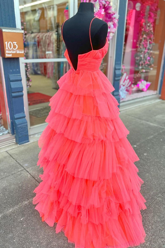 Red Layers A-line Plunging V Neck Long Prom Dress