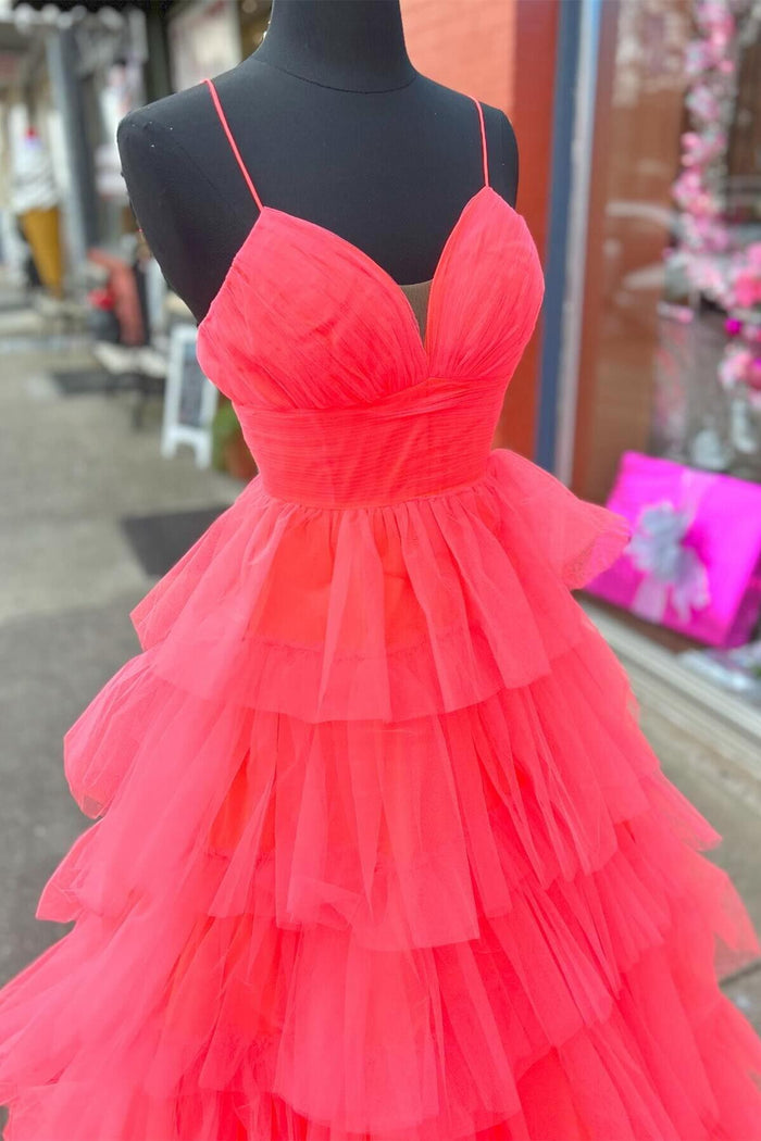Red Layers A-line Plunging V Neck Long Prom Dress