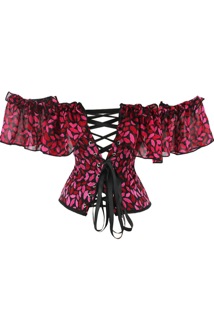 Red Lips Prints Ruffled Off-the-Shoulder Lace-Up Bustier Corset Top