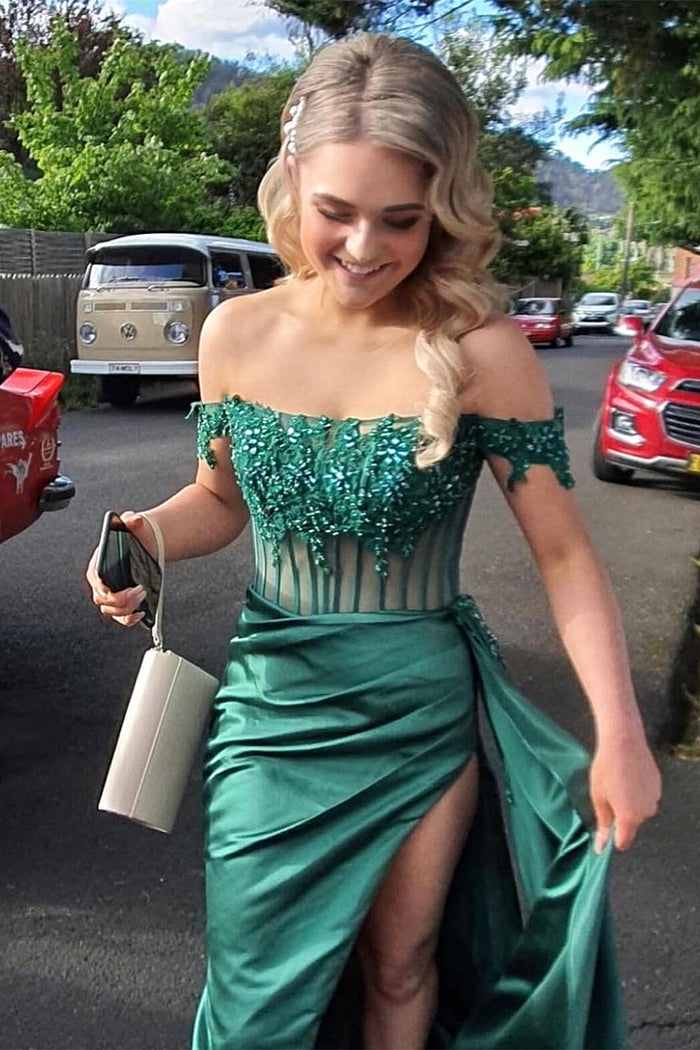 Hunter Green Off-Shoulder Mermaid Floral Rhinestones Long Prom Dress with Slit