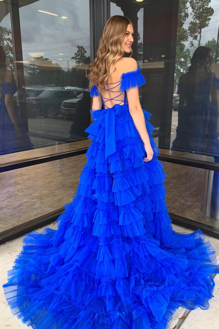 Red Off-the-Shoulder A-line Multi-Layers Long Prom Dress with Slit