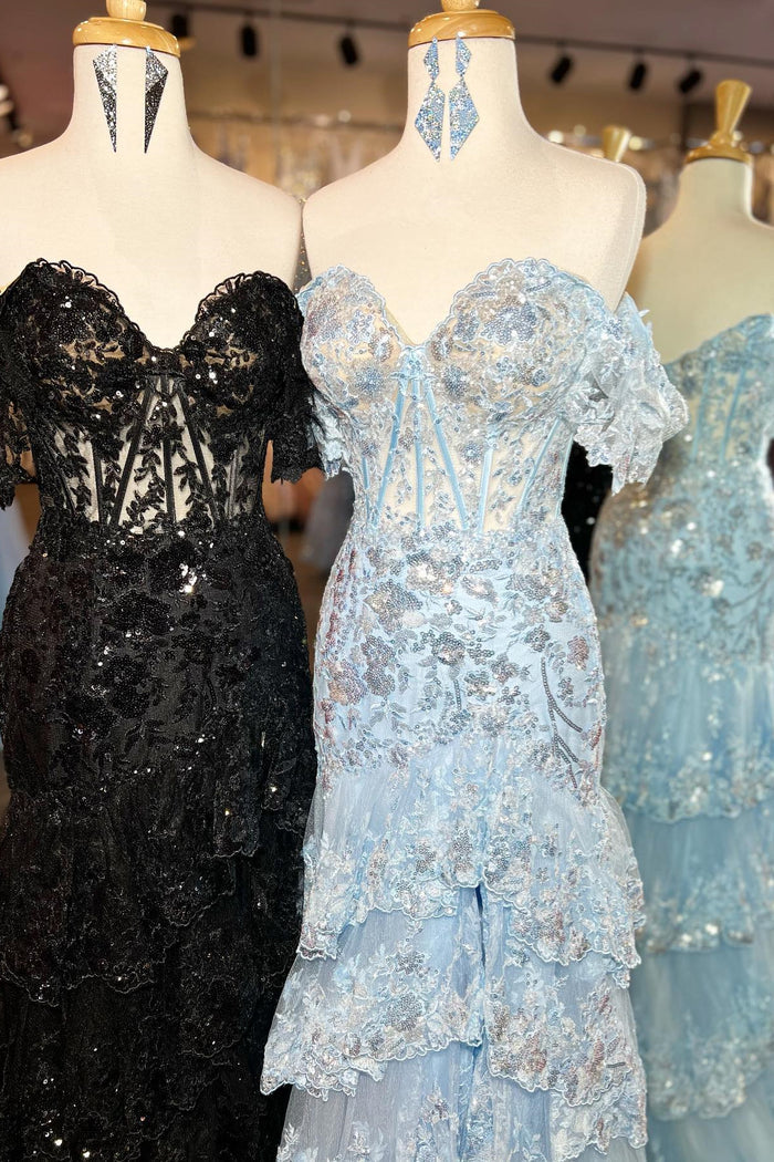 Black & Light Blue & Sky Blue Off-the-Shoulder Sequined Appliques Multi-Layers Long Prom Dress with Slit