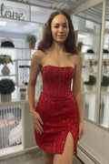 Red Strapless Sequins Sheath Homecoming Dress with Slit